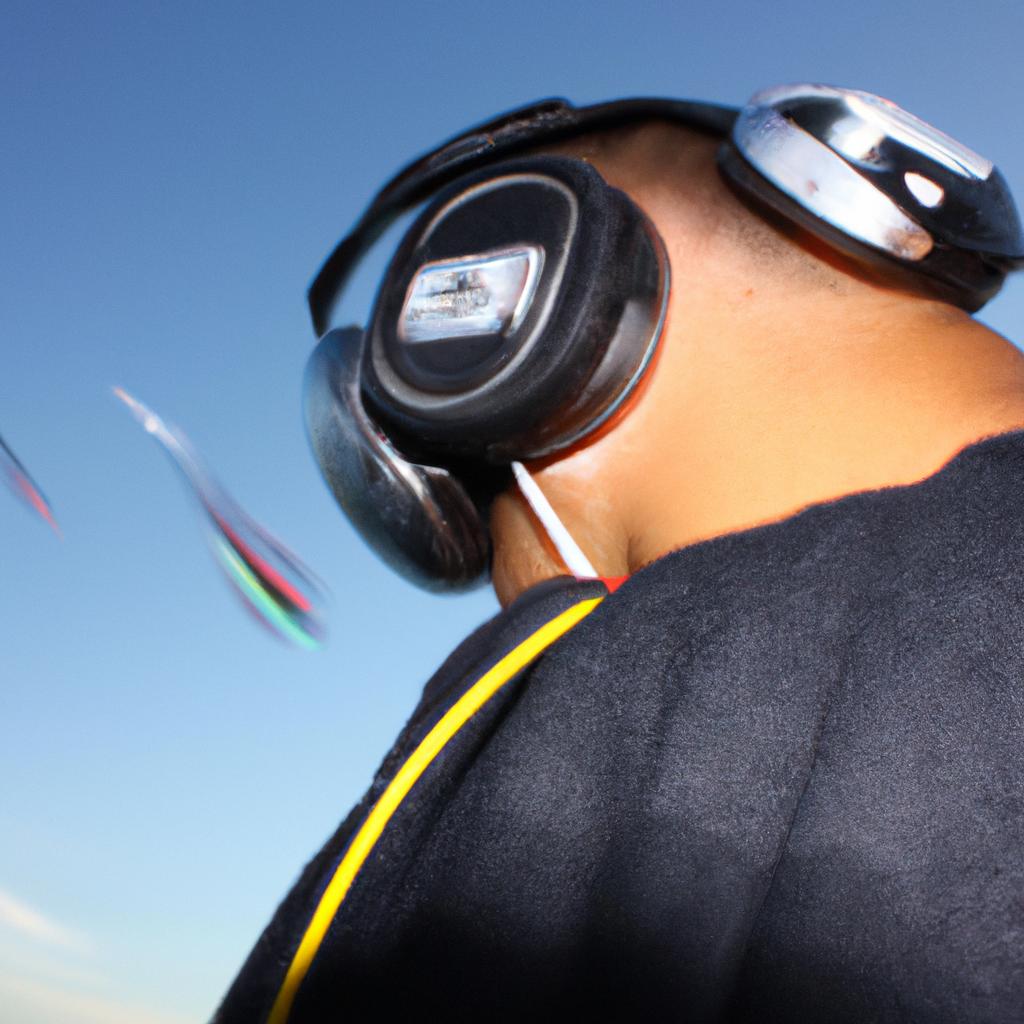 Person skydiving with audio equipment