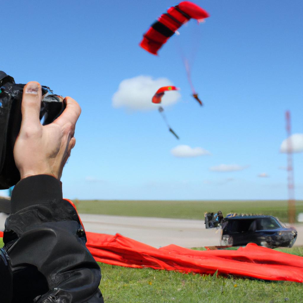 Person filming skydivers in action