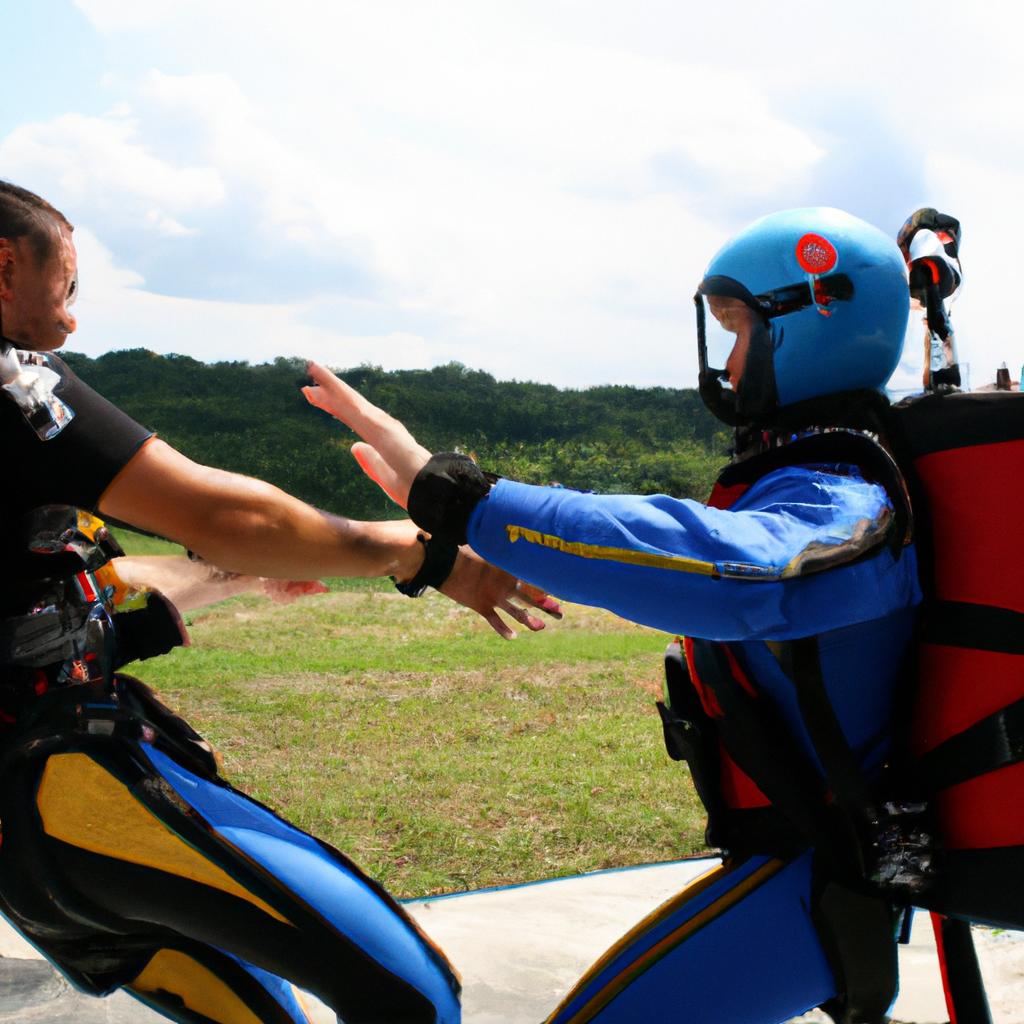 Instructor demonstrating skydiving safety